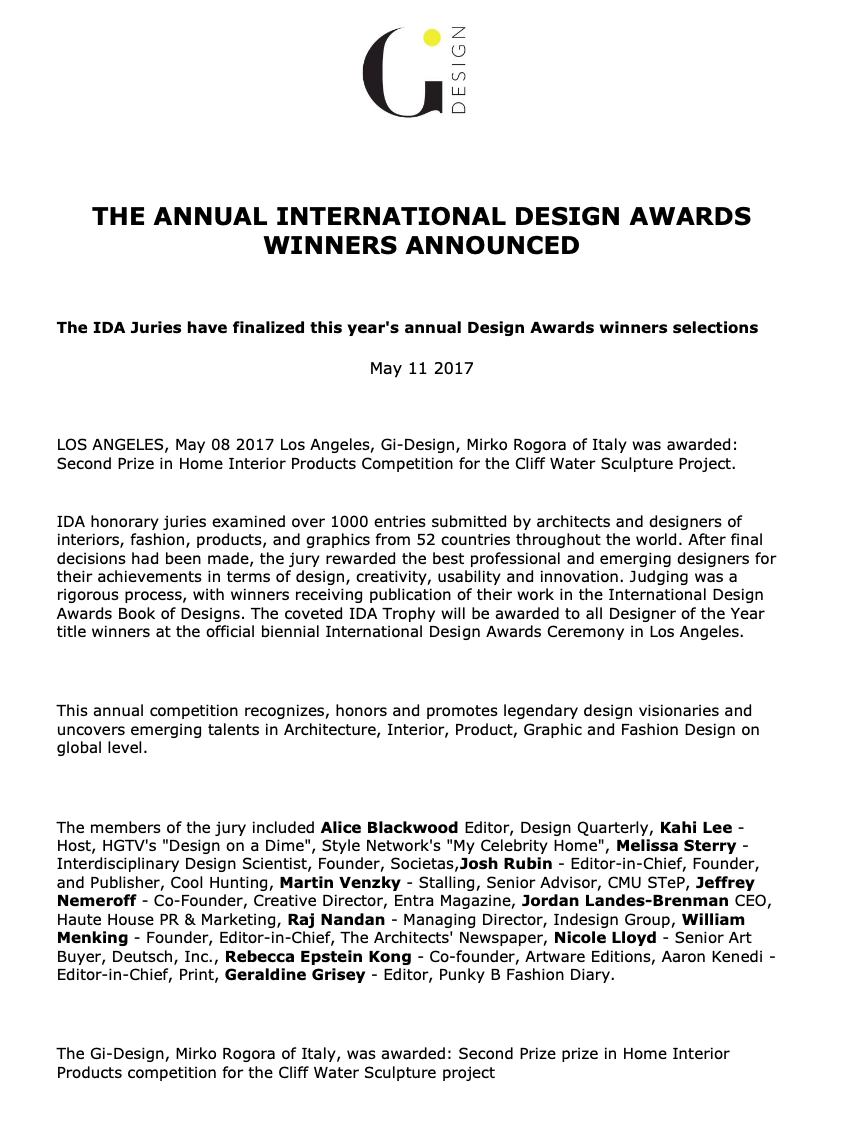 IDA Design Award Cliff 2016 comunicato stampa